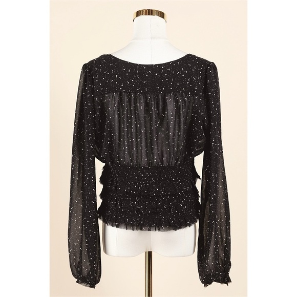 Sz M Millibon Black & White Speckled Ruffle Sleeve Raw Hem Cropped Blouse NWOT - Picture 4 of 5